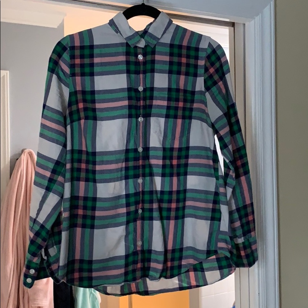 J. Crew pink, green, blue, and cream button down